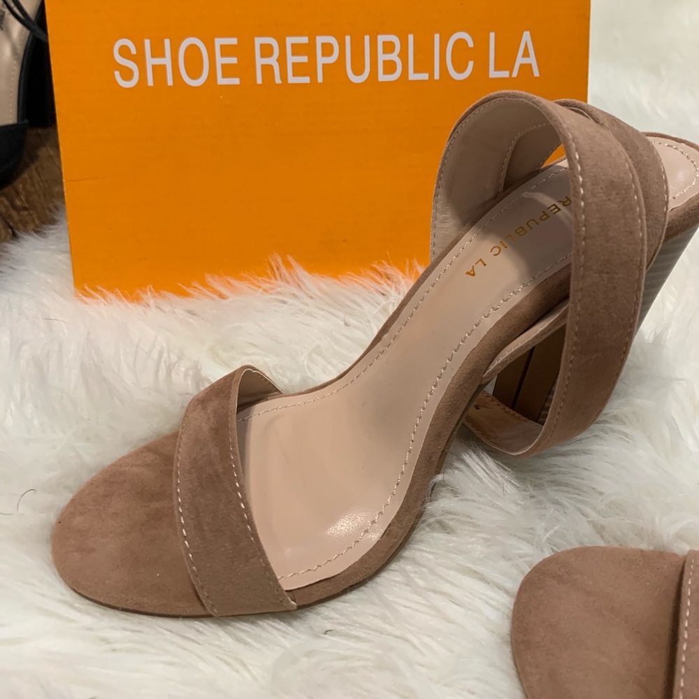 Tan suede high heel, with wrap ankle buckle